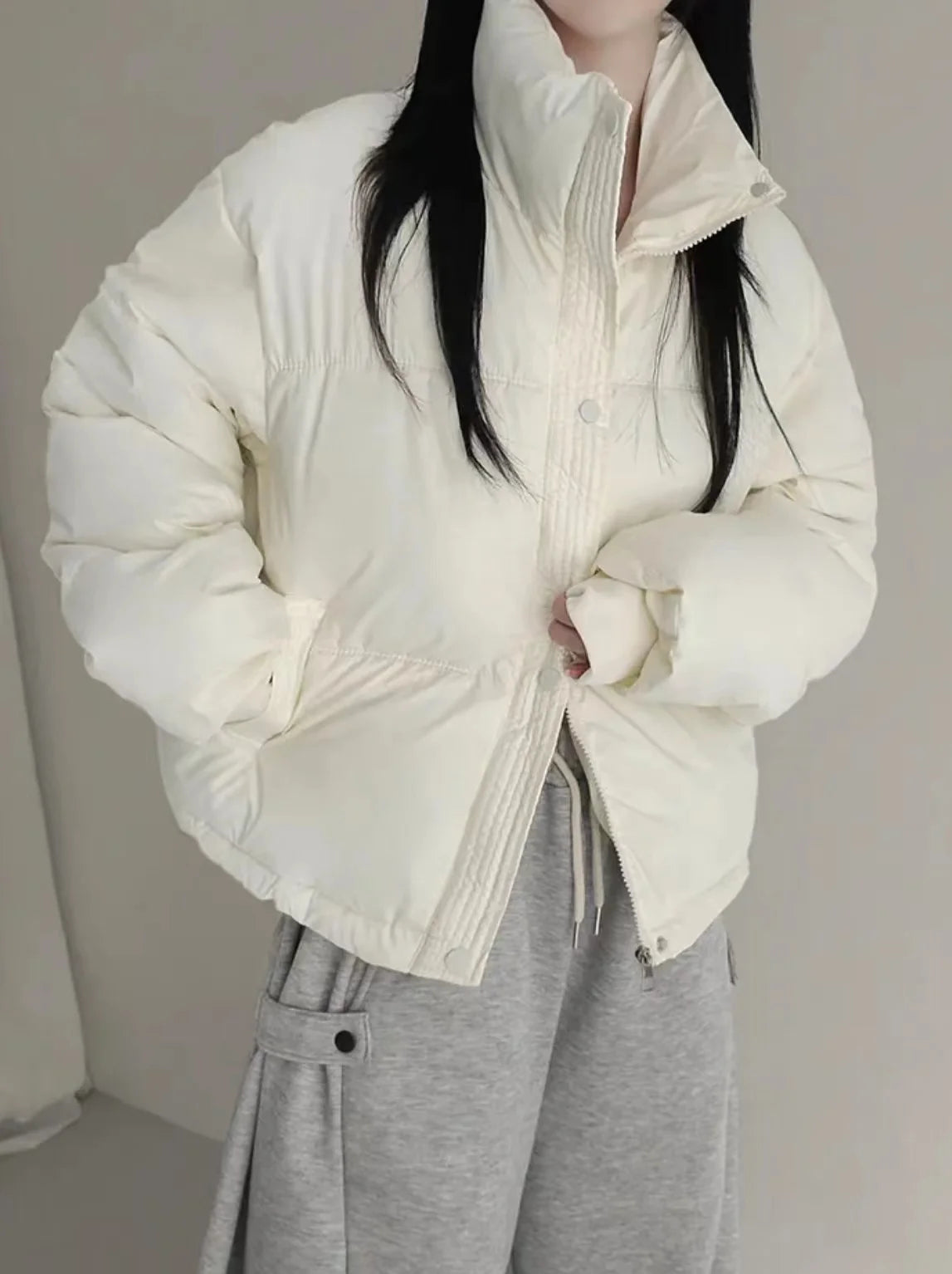 Women's Cotton Jaet 2024 New Winter ort Faion Stand Collar Bread Sle Warmth Outerwear Korean Loose Fit Zipper Closure