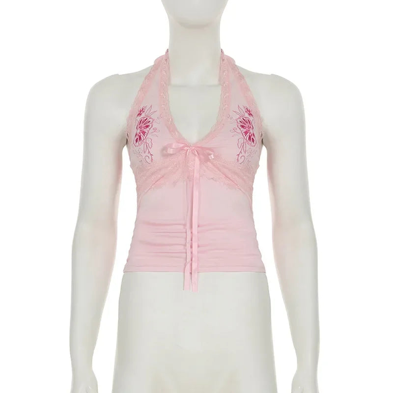 Pink Floral Embroidery Bow Lace Trim Halter Top Pink Vacation Cute Fashion Y2k Crop Tops for Woman Summer 2025