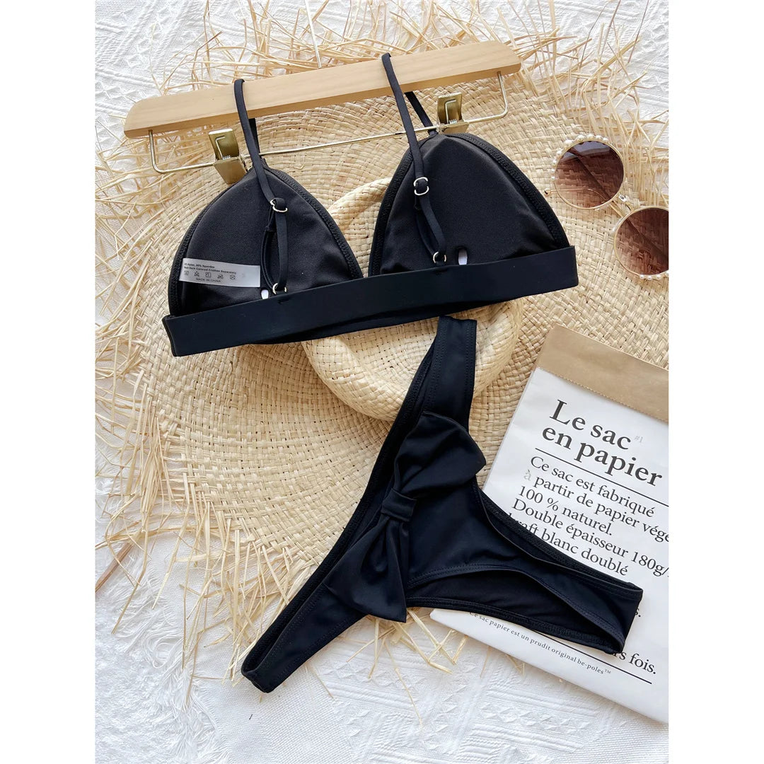 New Sexy Bow Thong High Cut Bikini Female Swimsuit Women Swimwear Two-pieces Bikini set Padded Bather Bathing Suit Swim V3490