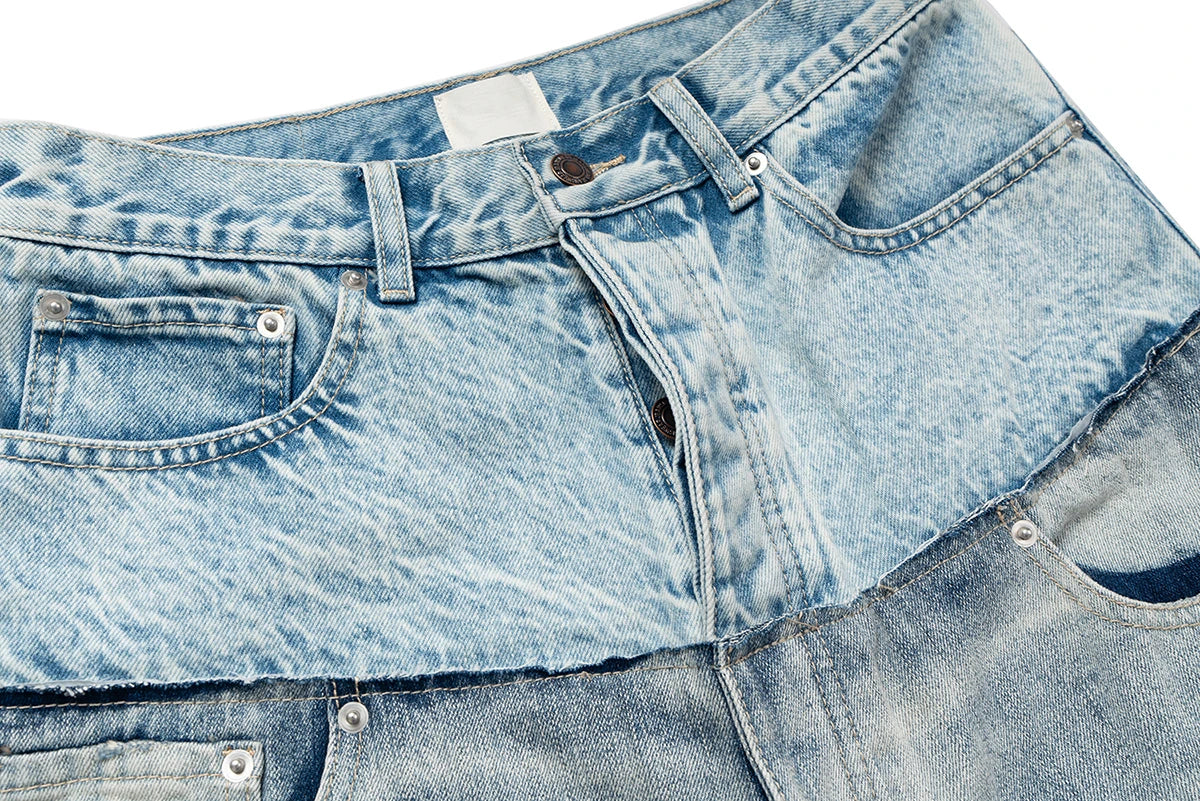 CUT-UP Double-layer Double Waist Patchwork Baggy Jeans for Men and Women Straight Casual Loose Denim Trousers Oversized