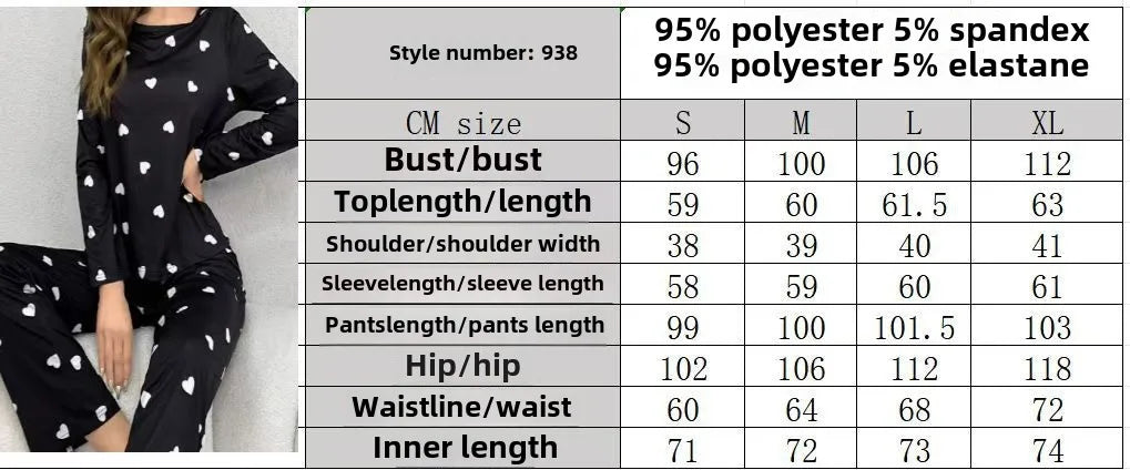 Women's Pajamas Casual Love Print Round Neck Long Sleeve Long Pants Fall and Winter Comfortable Set Girl Sleepwear Homewear