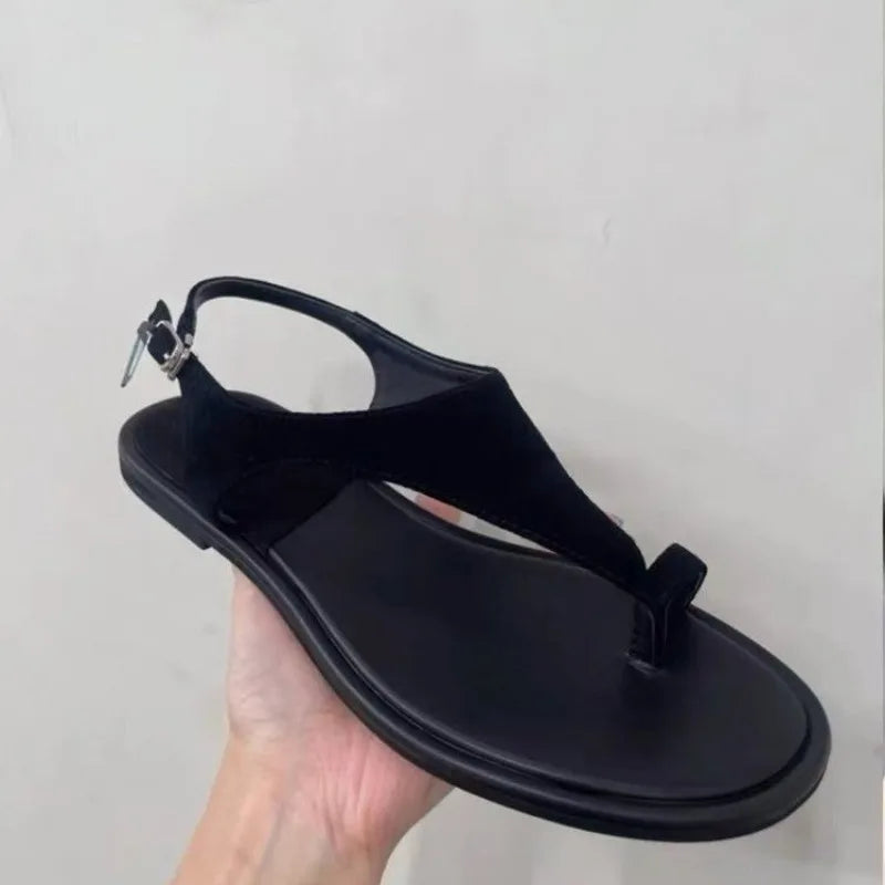 Retro Scrub Leather Sandals Women 2025 New Summer Outside Wear with Skirt Flat Toe Casual Roman Slippers