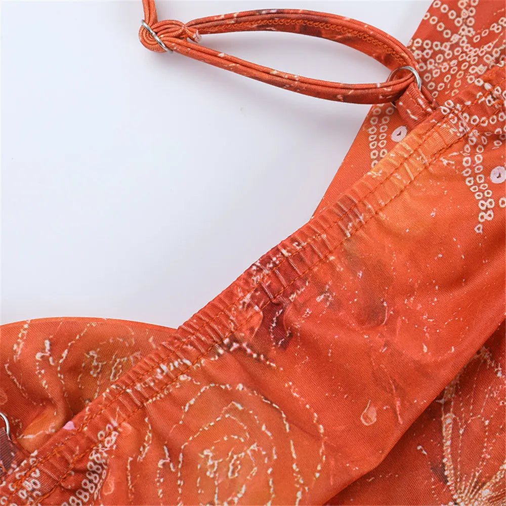 Summer Backless Spaghetti Strap Print Women Crop Top Sexy Bustier Sleeveless Casual Holiday Beach Party Short Skinny Bottom Top