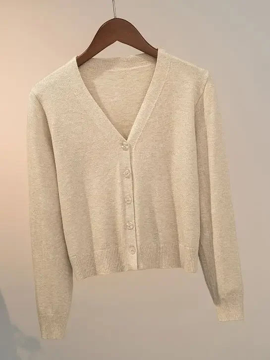 Sweater knitted cardigan button jacket 2024 autumn winter V-neck long sleeve casual short tops for women sweater Grey White