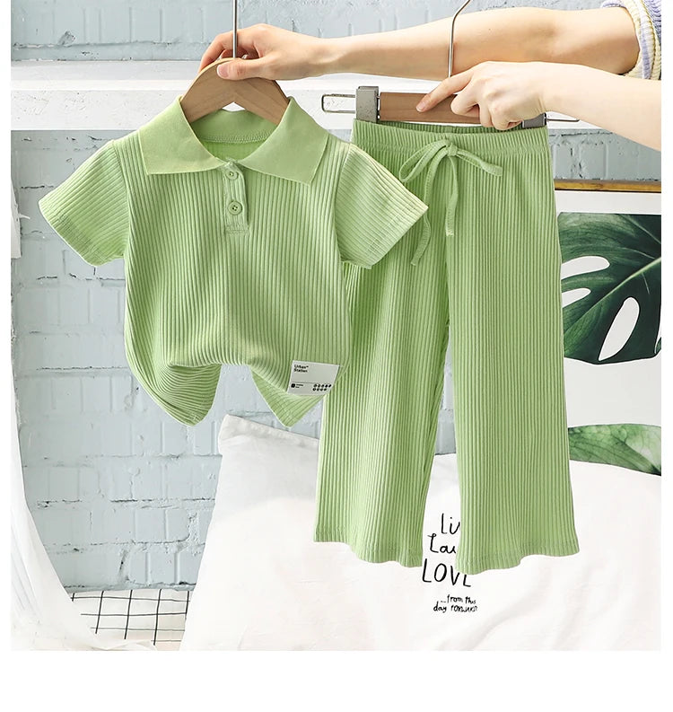 Summer Girls T-Shirt Set Short Sleeve Lapel Pullover Tops Elastic Waist Straight Pants Girl Casual Clothes 2Pcs Suits