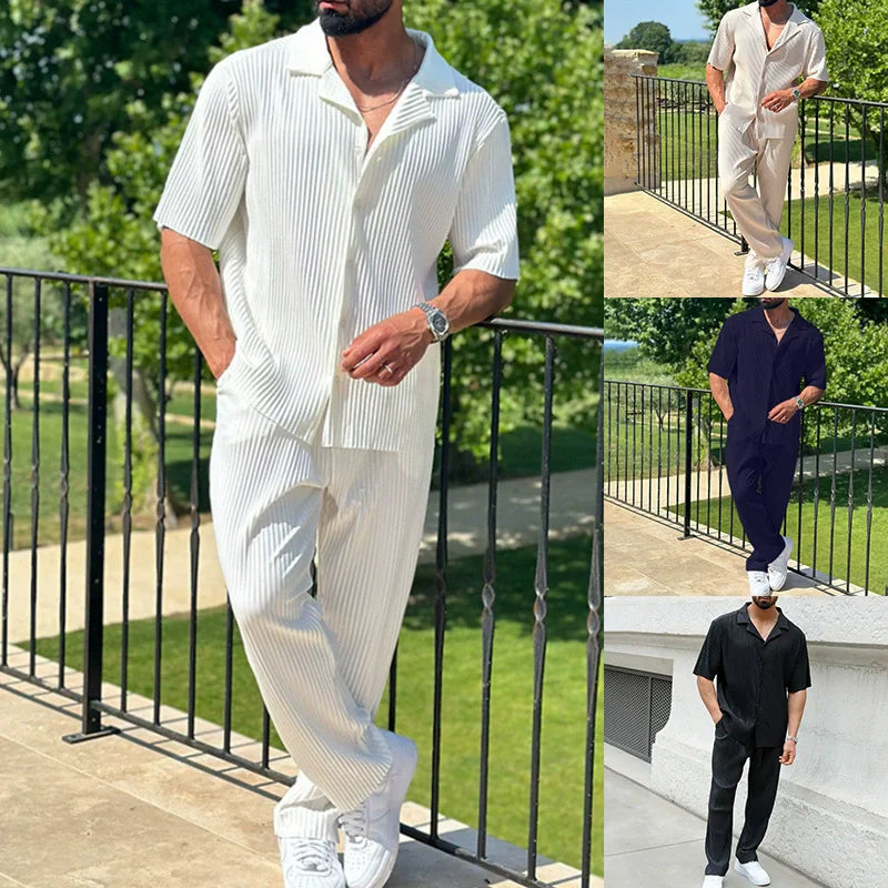 Summer Fashion Casual Loose Men's Button Open Shirt Short Sleeve Pants Set Home Vacation Thin Breathable Quick Drying 2-pie Set
