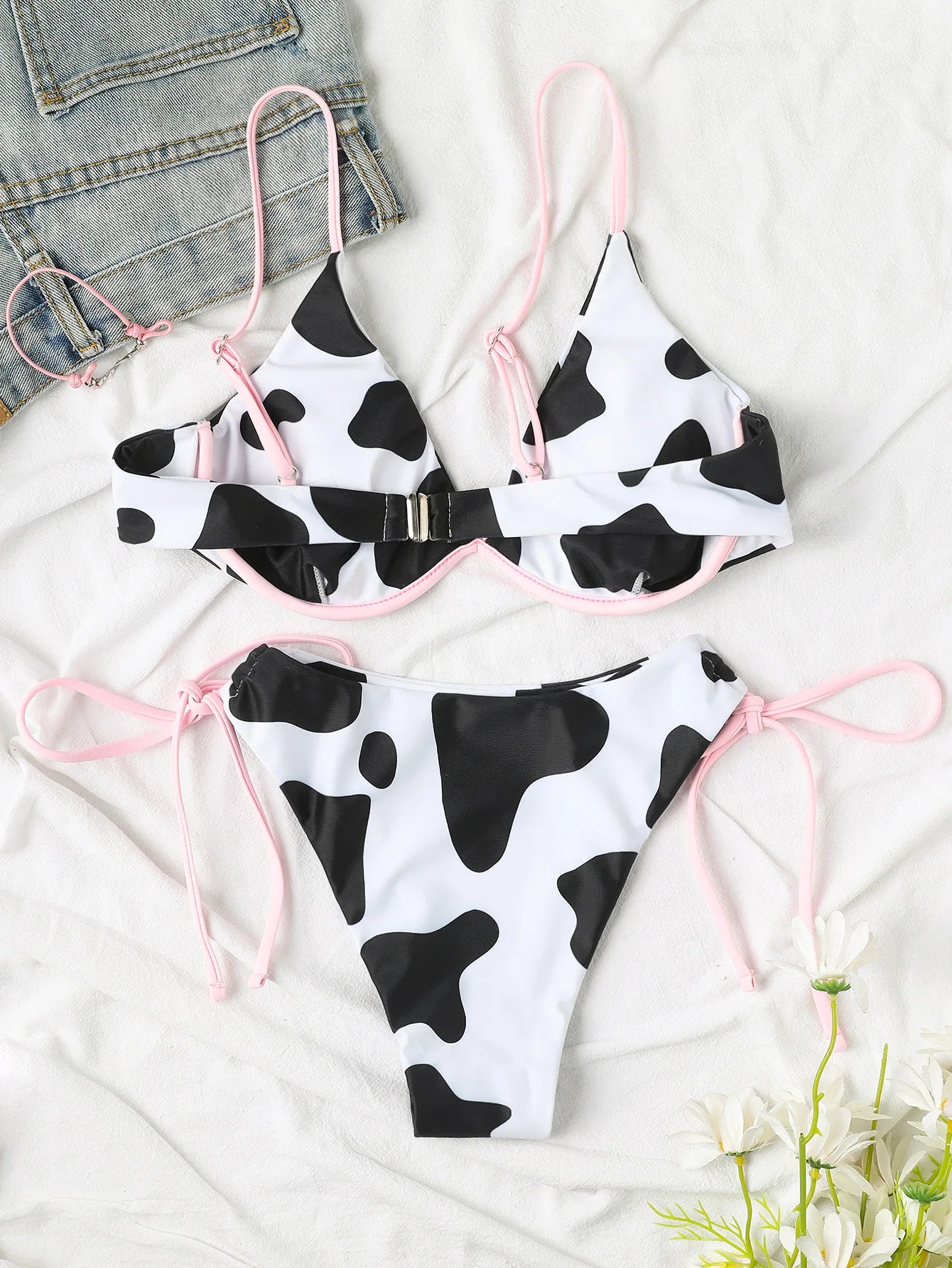 Cow Print Bikini Two-Piece Swimsuit Women Sexy V-neck Suspender Underwire Backless Beach Bathing Suit High Waist Biquini PXJY183