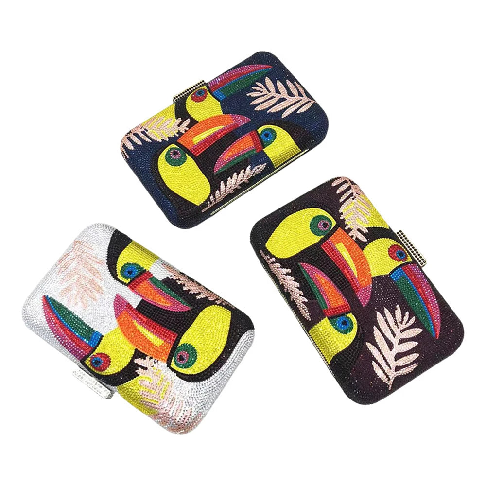 Novelty Toucan Bird Women Crystal Evening Bags Rhinestones Box Minaudiere Clutch Party Cocktail Handbag Diamond Chain Purse