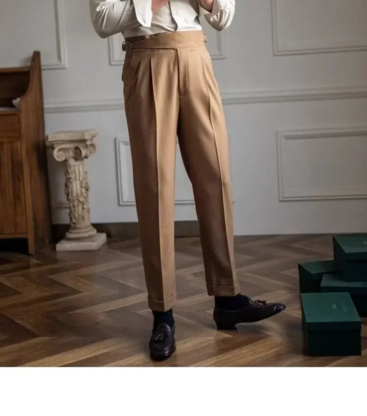 High-waisted Casual Straight-leg Suit Pants For Men Autumn Vintage Draped Waist Trousers Naples Retro Style Business Formal Wear