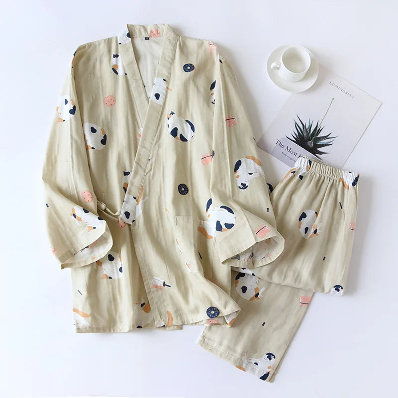 Japanese-style kimono two-piece couple pajamas cover men and women pure cotton gauze cute kitten thin homeware sleepware nighty
