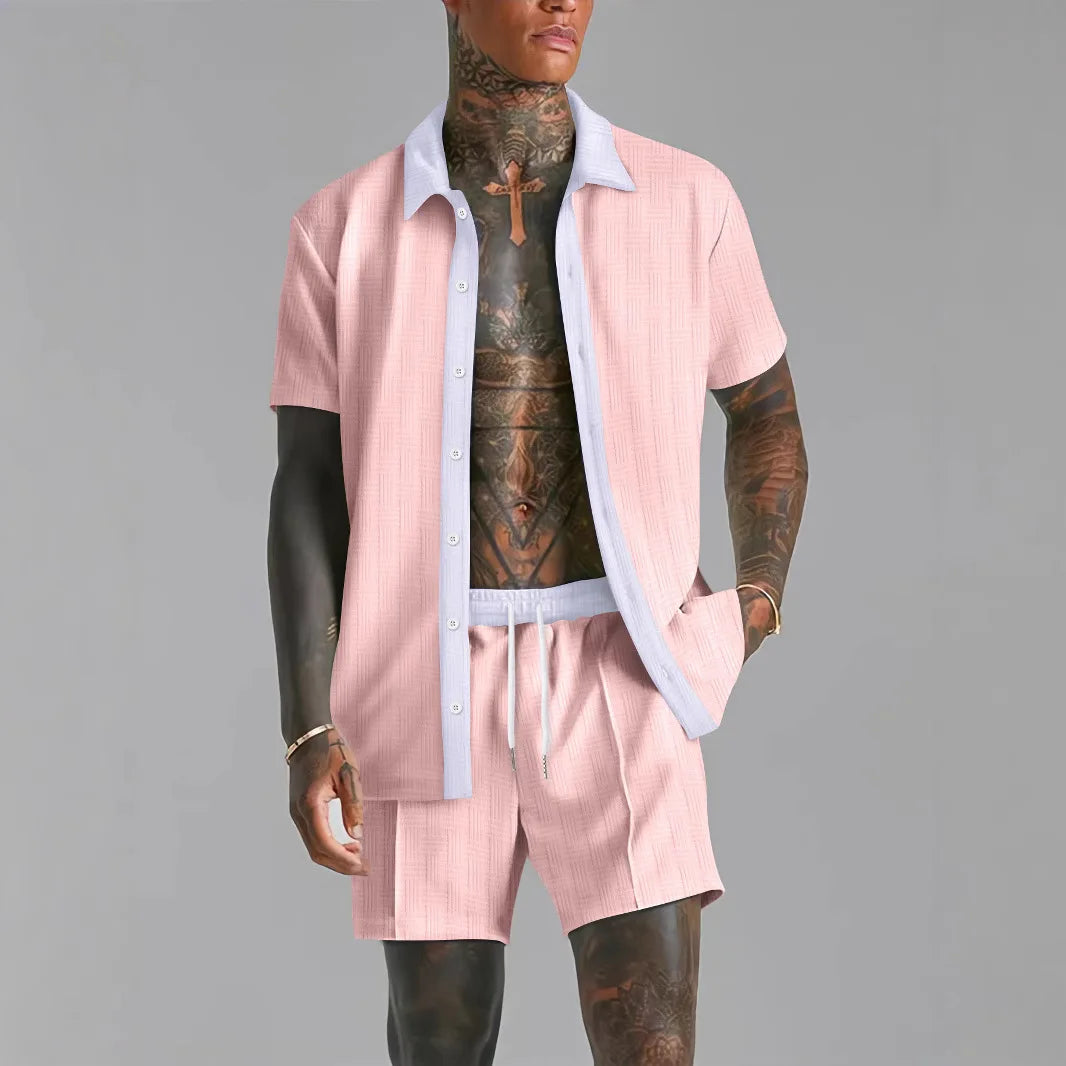 Summer Men's casual suit patchwork transparent lapel short-sleeved shirt & Shorts Stylish and comfortable two-piece streetwear