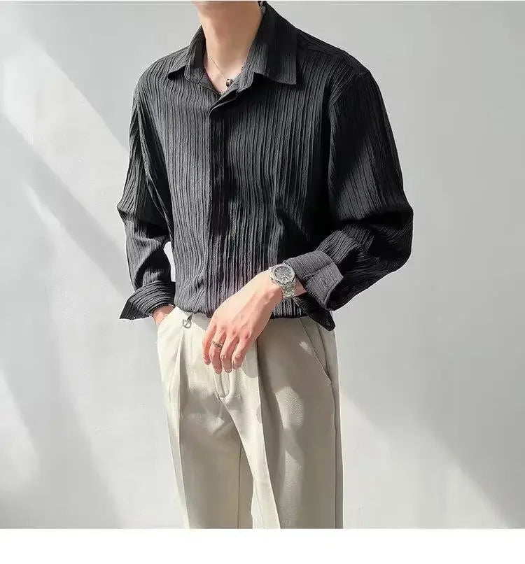 Trendy Stylish Striped No-iron Shirt Autumn Texture Top Korean Version Loose-fit Casual Long Sleeves Shirt For Men