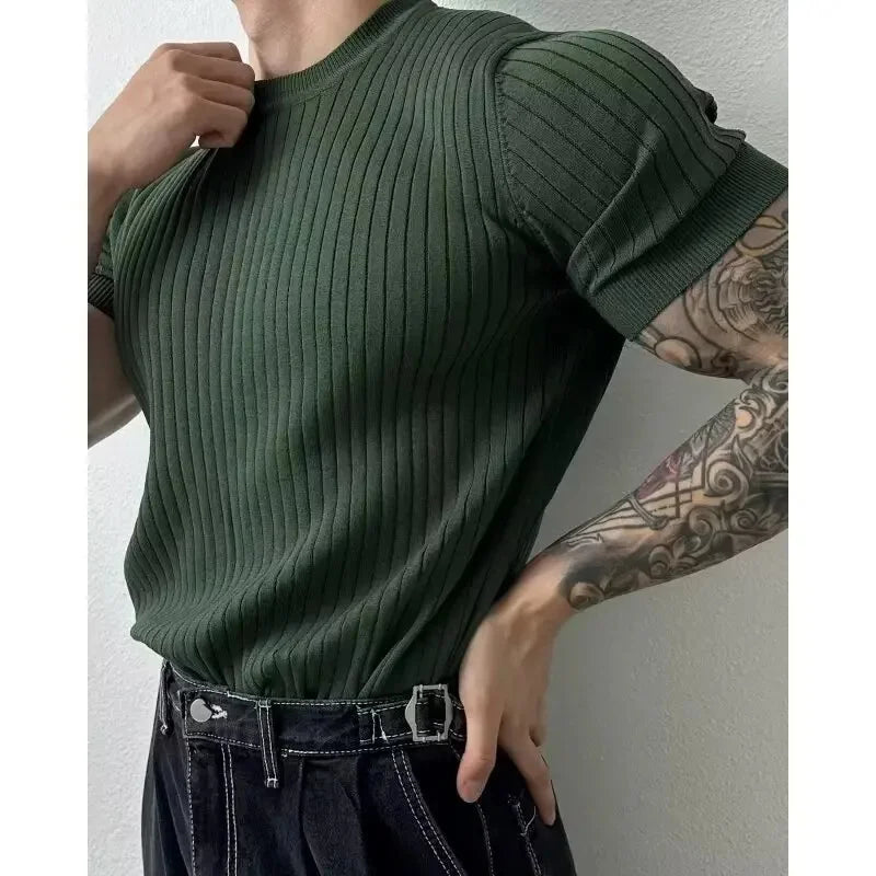 Summer New Light Maturity Knitted Polo Shirt Men's Korean Style Slim Fit Collar Pure Color Casual T-Shirt Cross-Border