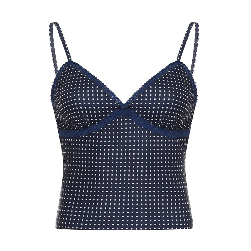 Darlingaga Fashion Polk Dot Printed Mini Camisole Women's Lace Patchwork Spaghetti Strap Summer Beach Cropped Tops Backless Y2K