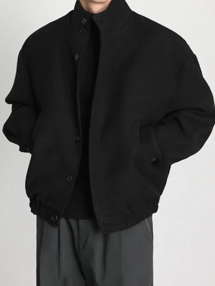 Autumn Winter Men's Fashion Stand Collar Jacket Woolen Coat British Style Baseball Design Workwear Thin Model Summer Suitable
