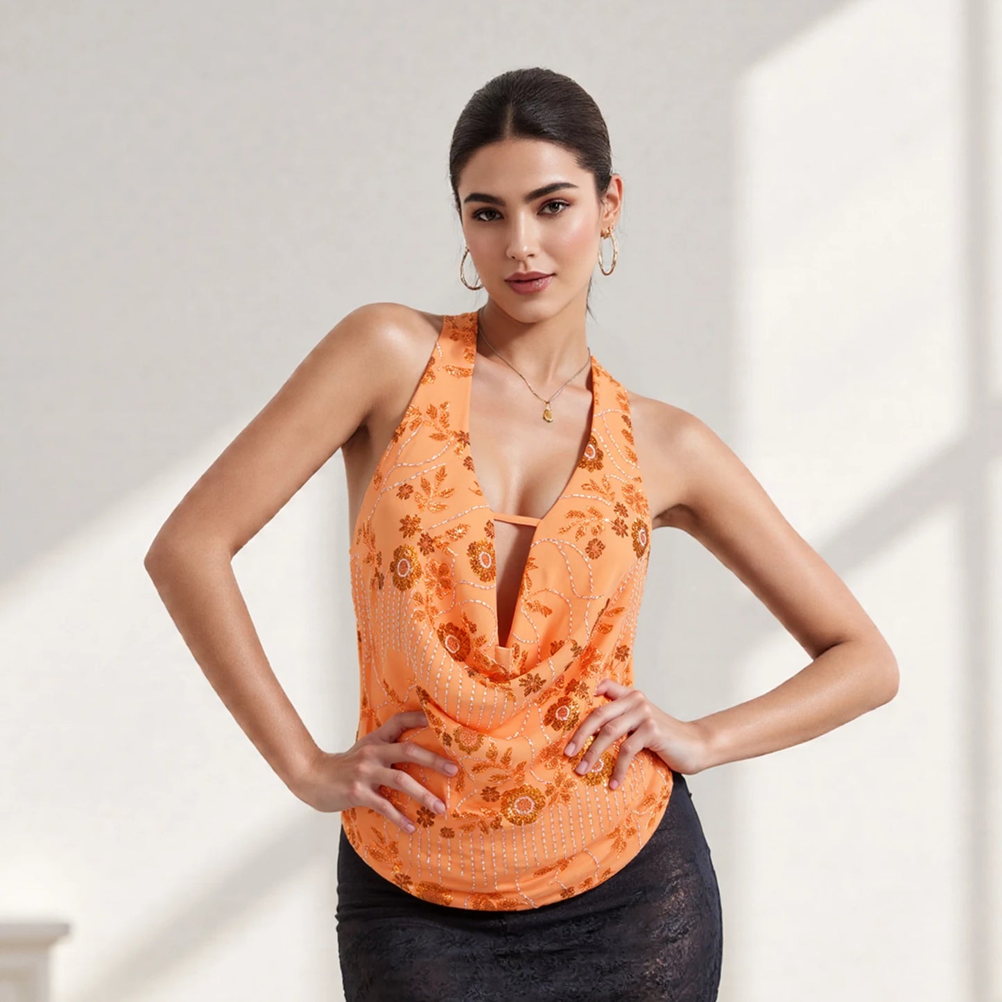 Sexy Deep V Neck Beach Tank Tops Women y2k Coquette Summer Sequins Patchwork Sleeveless Vest Vacation Backless Beach Tops