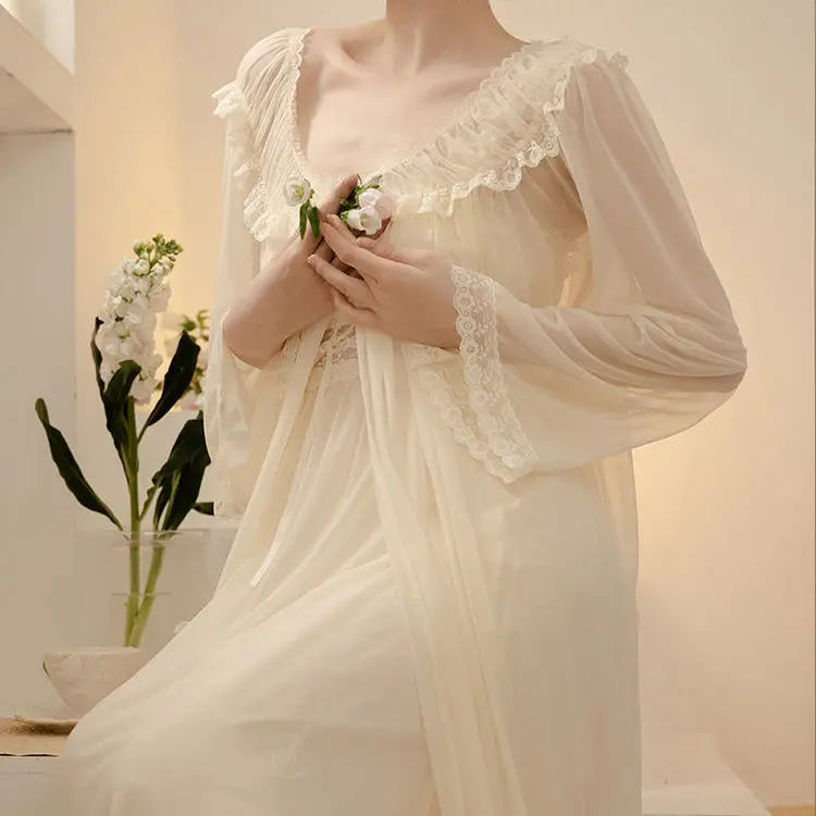 PLUS SIZE 2PCS Robe Set Female Court Style Satin Nightdress Sexy Lace Trim Sleep Suit Home Dress Gown Spaghetti Strap Nightwear