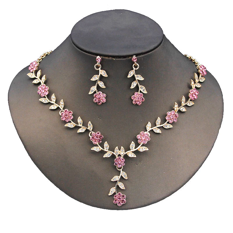 16 Colors Flower Jewelry Set Exquisite Rhinestone Pendant Party Women Fashion Romantic Choker Necklace Earring Accessory Set