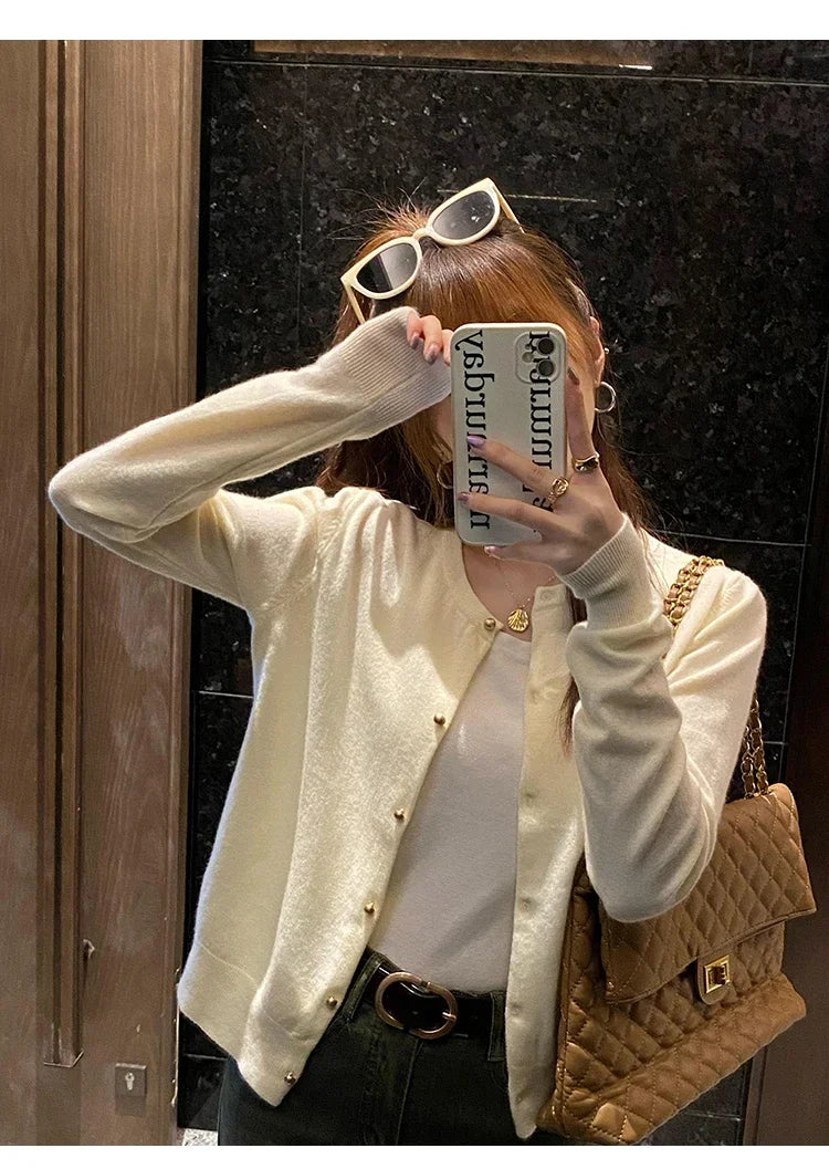Solid Color Knitted for Women Cardigan Korean Single Breasted Long Sleeve Jumper Woman Round Neck All Match Cardigans Outwear