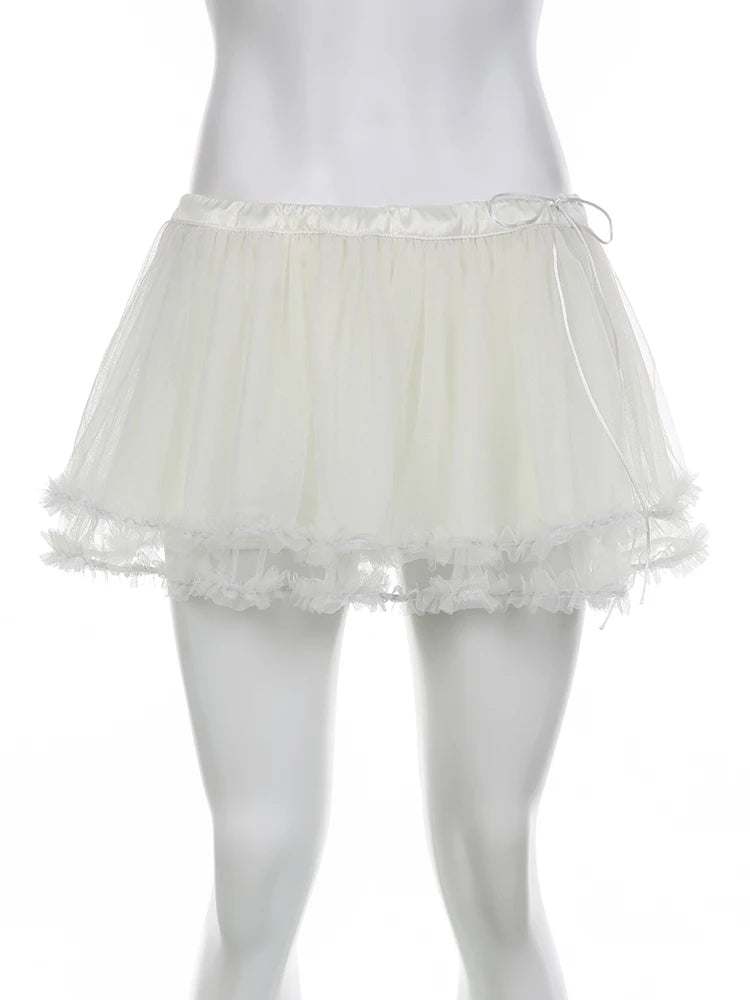 IAMHOTTY Tiered Ruffle Tulle Mesh Skirt y2k Aesthetic Lace-up Low Waist A-line Mini Skirts Fairycore Kawaii Coquette Outfit 2023
