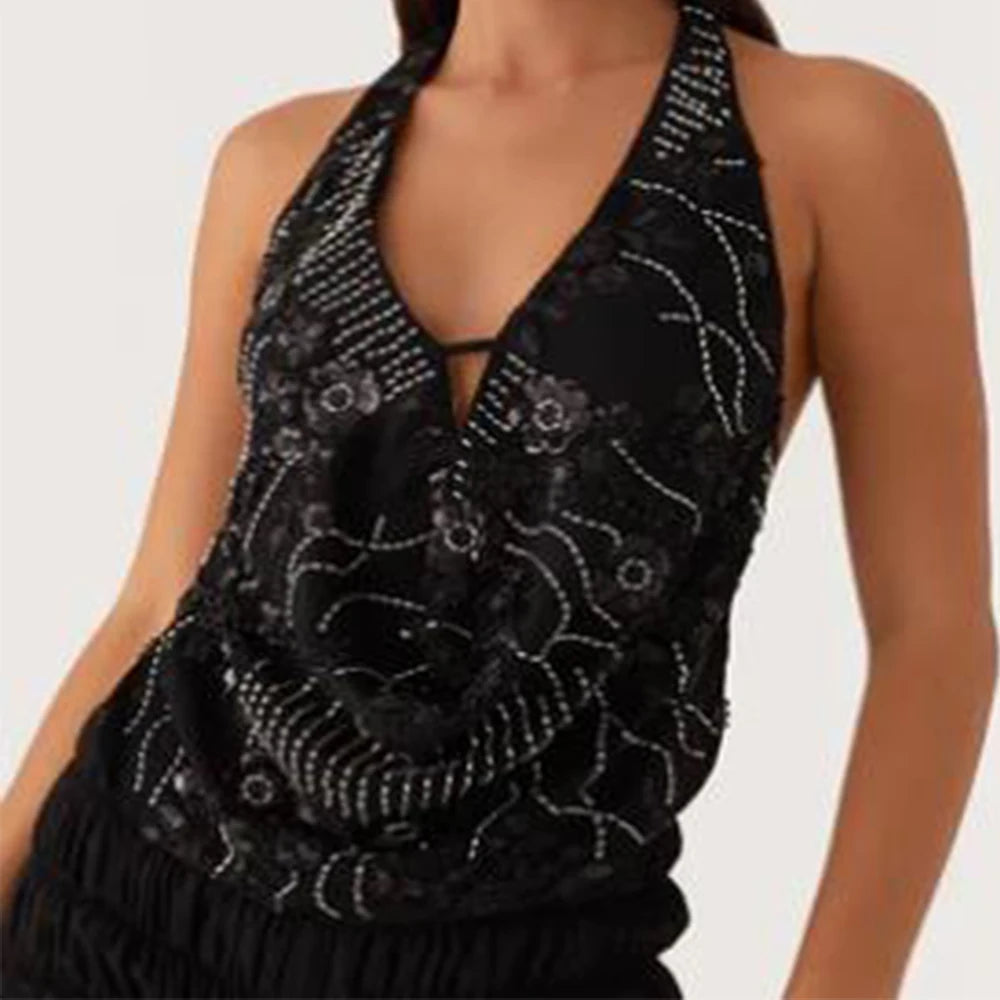 Sexy Deep V Neck Beach Tank Tops Women y2k Coquette Summer Sequins Patchwork Sleeveless Vest Vacation Backless Beach Tops