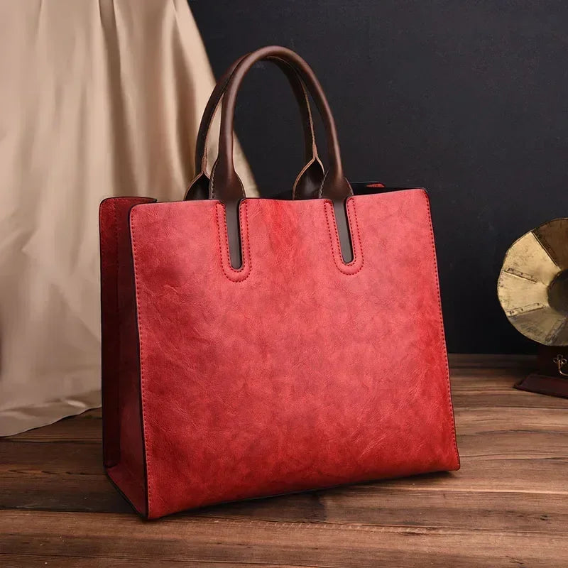 Vintage OIL SKIN Leather Big Casual Tote Women Bags High Quality Women's Handbags Shoulder Crossbody Bags Brown Black Sac A Main