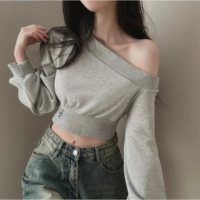 2025 Spring New Irregular Skew Collar Hoodies Women Sexy Fashion Sweatshirts Long Puff Sleeve Short Solid Slim Pullover Tops
