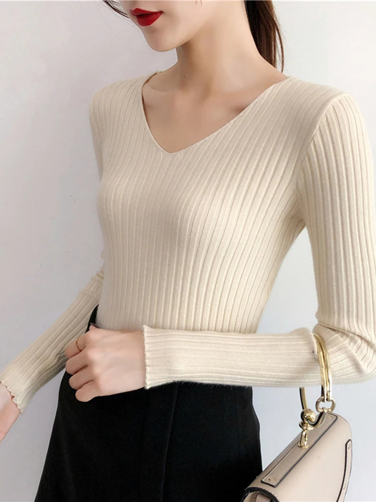 2025 V Neck Women Autumn Winter Sweaters Slim Knitted Pullovers Soft Warm Solid Jumper Female Sweater Casual Knitwear Jersey Top