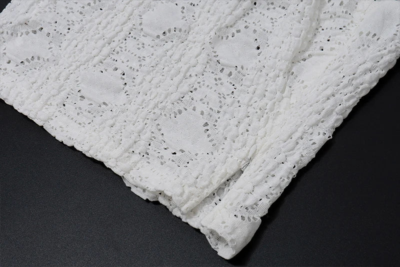 WhereMery Temperament Y2K Casual Streetwear Suits Summer Slim Sleeveless Lace Hollow Top and White Beach Skirt Women 2 Piece Set