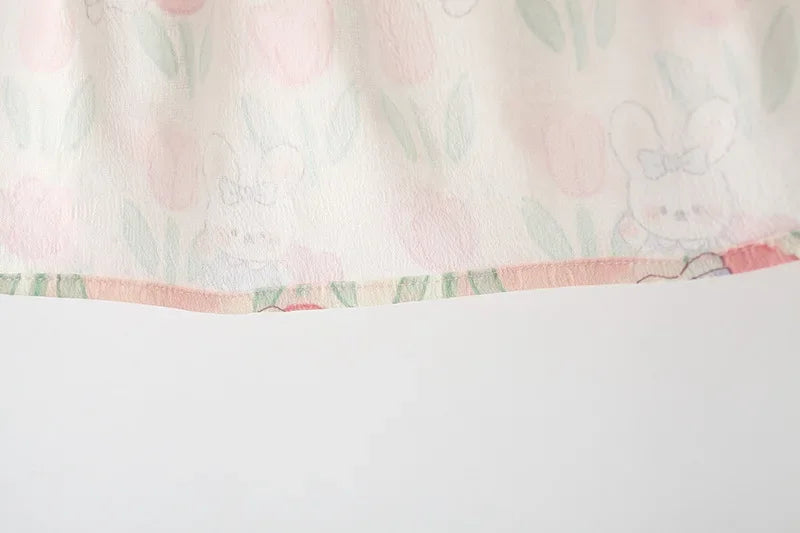 Summer Hardwear Girl Dress Tulip Cartoon Rabbit Print Small Flying Sleeves Flower Neck Bow Ribbon Tulip Flower Pattern