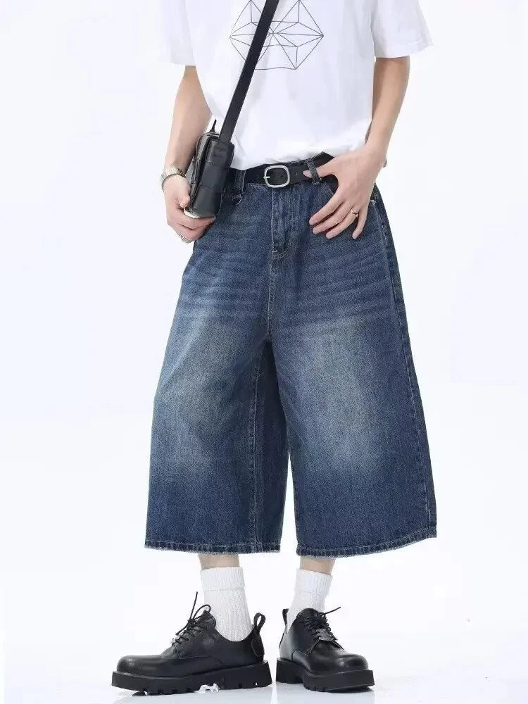 Retro Hong Kong Style Men's Loose Wide Leg Jeans Shorts Hip Hop Style Summer New Slimming Seven-Point Pants Trendy Casual Shorts