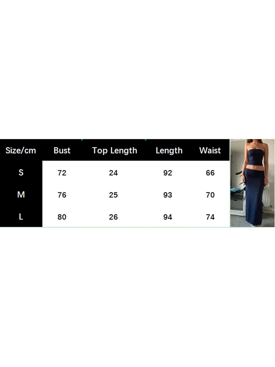 Women 2 Piece Long Skirt Sets Sexy Strapless Tube Top Bodycon Maxi Skirts Y2k Two Piece Outfit Summer Clothing Beach Wear
