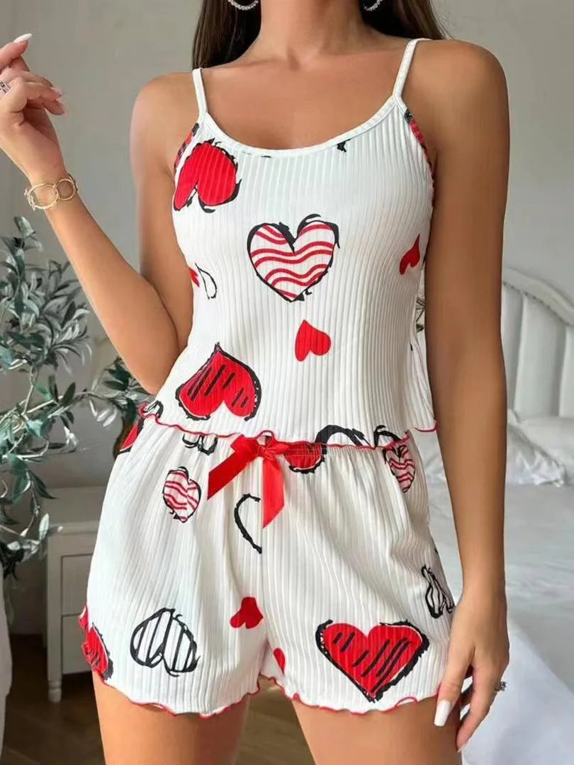 Summer Sleepwear Women Heart Print Relaxed Fit Pajama Set Round Neck Backless Crop Cami Top and Shorts Set Loungewear