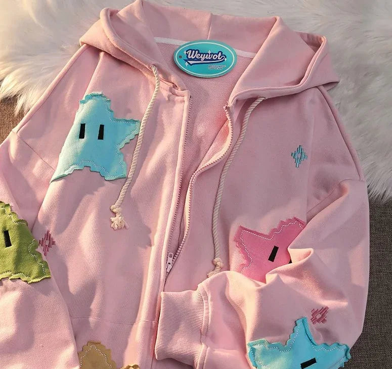 British Gothic Punk Style Printed Star Patch Embroidery Mens and Womens Hooded Cardigan Harajuku Retro Oversized Bat Sleeve Top