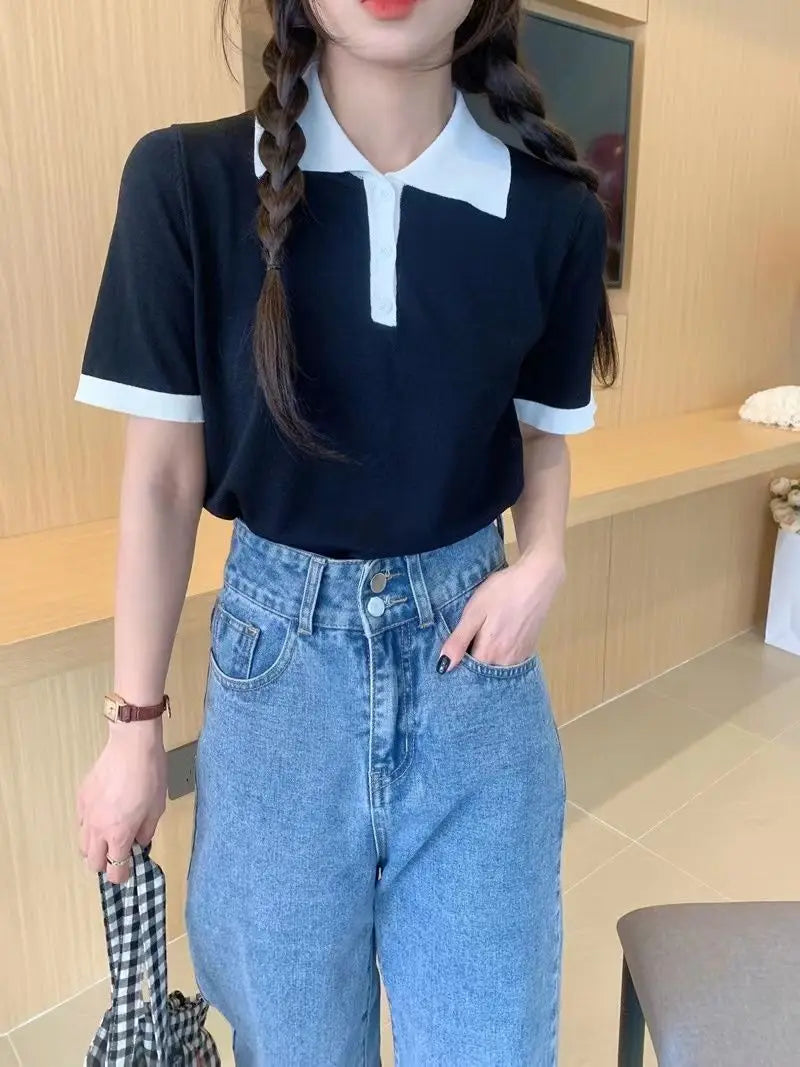 College Style Summer New Knitted Short-sleeved Ice Silk T-shirt Women's Polo Shirt Design Niche Short Underwear Top