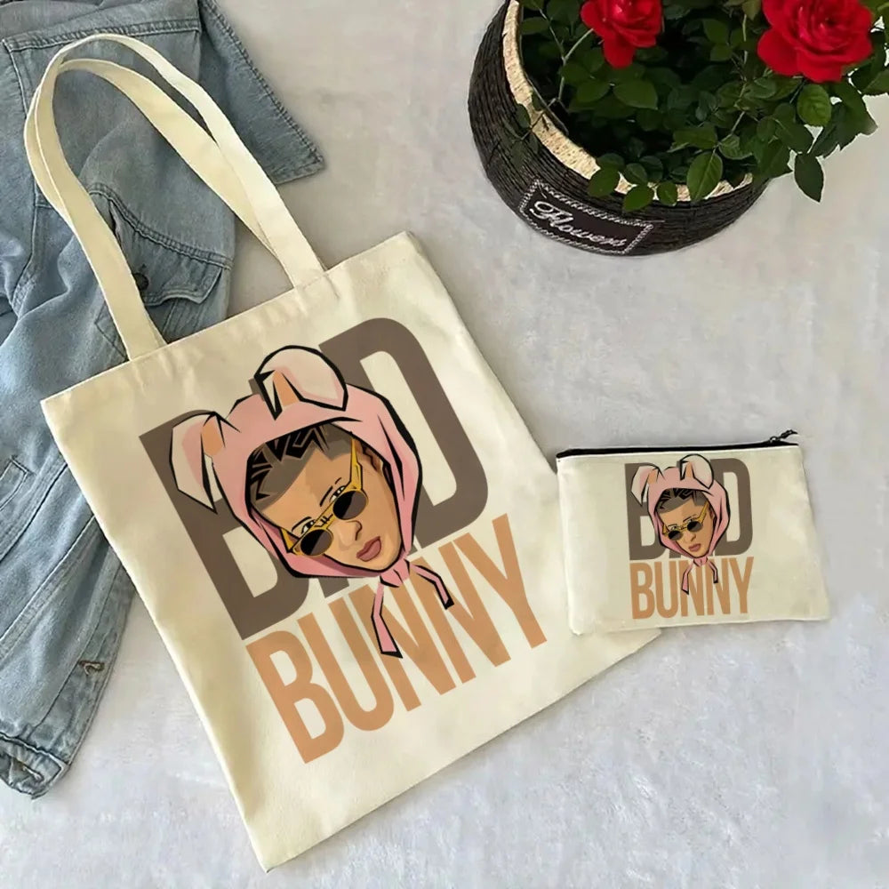 Un Verano Sin Ti Gift Bag Set, Bad Bunny Print Tote Bag, Casual Canvas Shoulder Bag with Mini Storage Bag