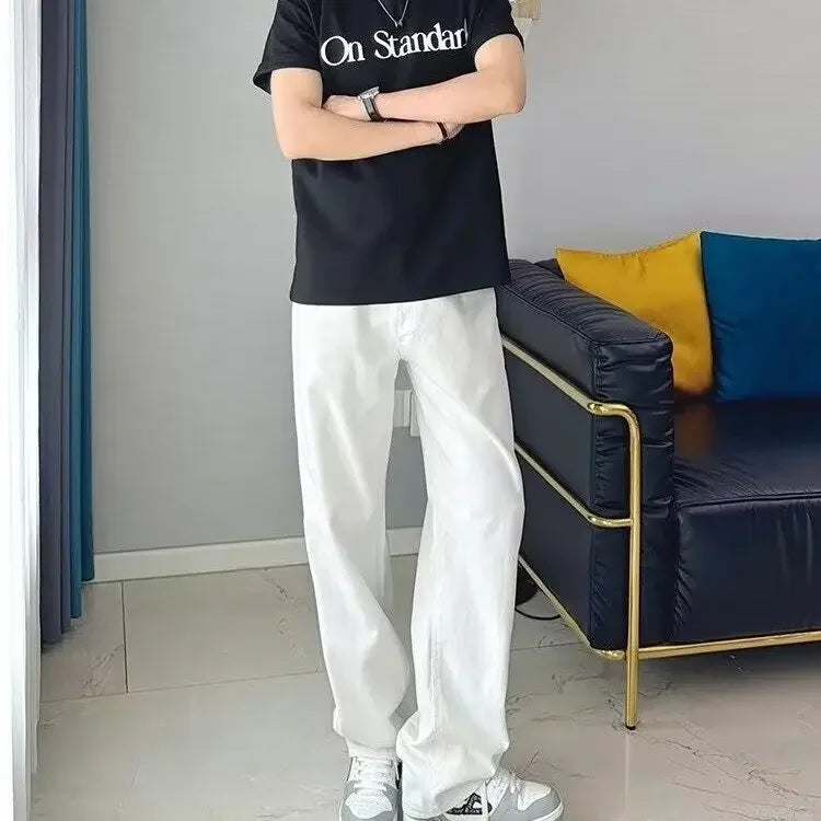 Hong Kong Style White Jeans For Men Casual Loose Fit Trendy Brand Vibe High Street Straight Leg Pants Autumn Season