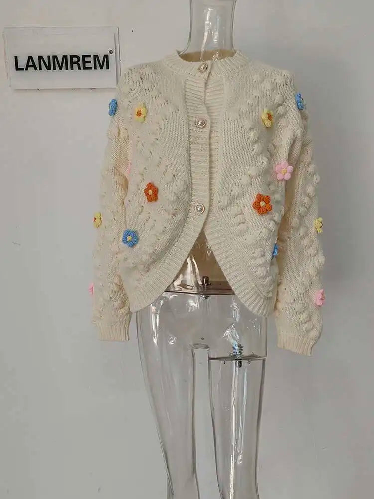 LANMREM 3D Flower Embroidery Knitted Cardigan Women's Long Sleeves Single Braested Contrast Color Sweater 2025 Spring New 2Z2350