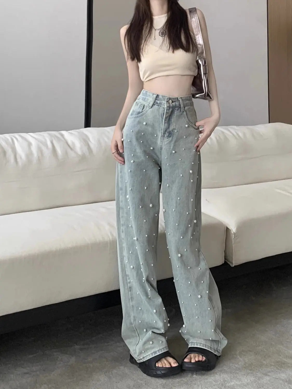 Women's Jeans High Waist Straight Blue Beaded Pearls Denim Pants Spring Autumn Chic Streetwear Design Baggy Jeans Women Clothing