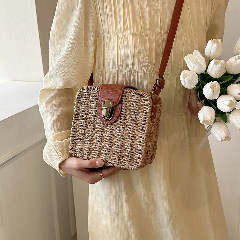Hand-woven Women Straw Bag Ladies Shoulder Bags Beach Travel Crossbody Bag Female Small Rattan Box Handbag Shopper Totes Bohemia