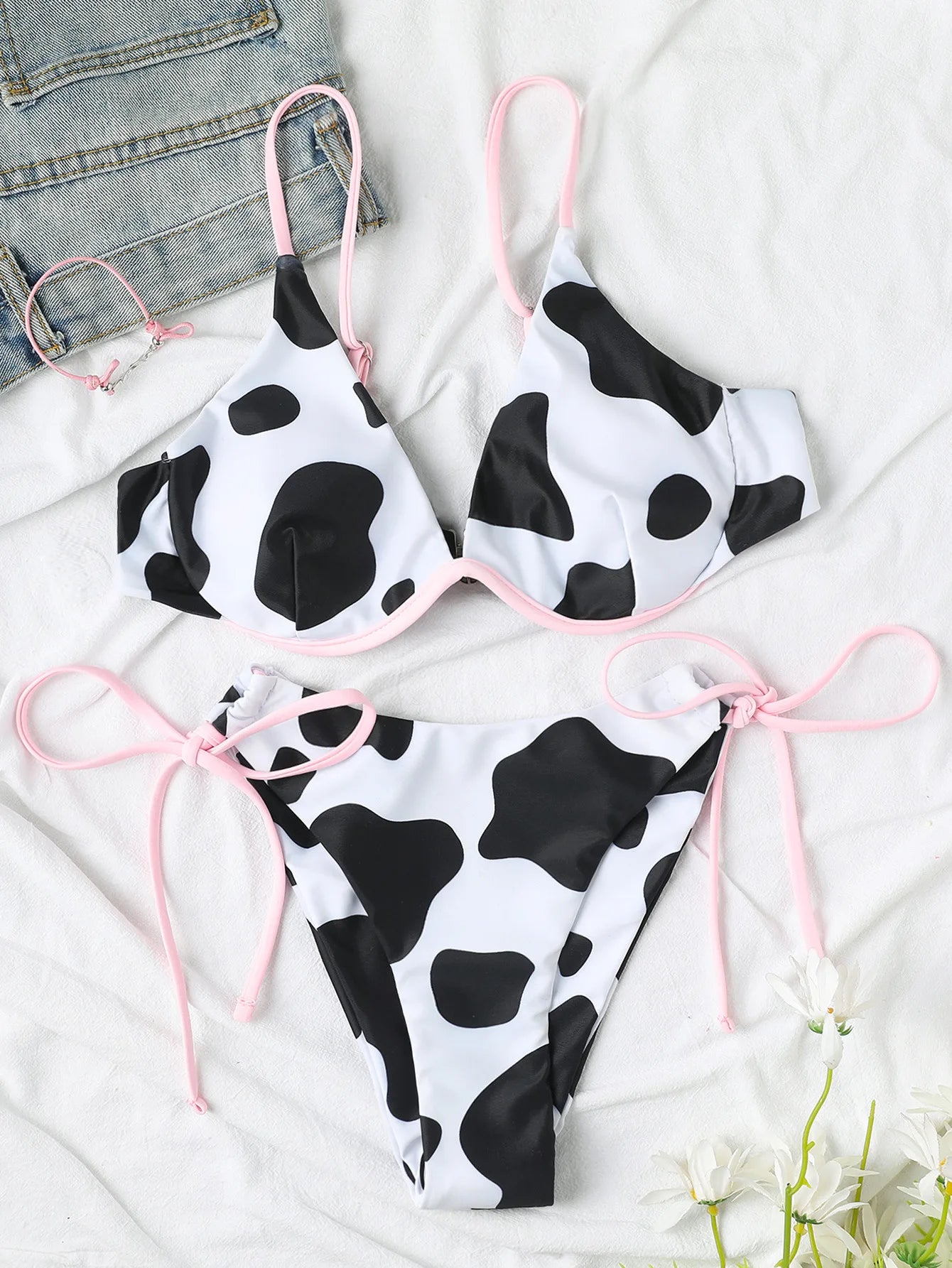 Cow Print Bikini Two-Piece Swimsuit Women Sexy V-neck Suspender Underwire Backless Beach Bathing Suit High Waist Biquini PXJY183
