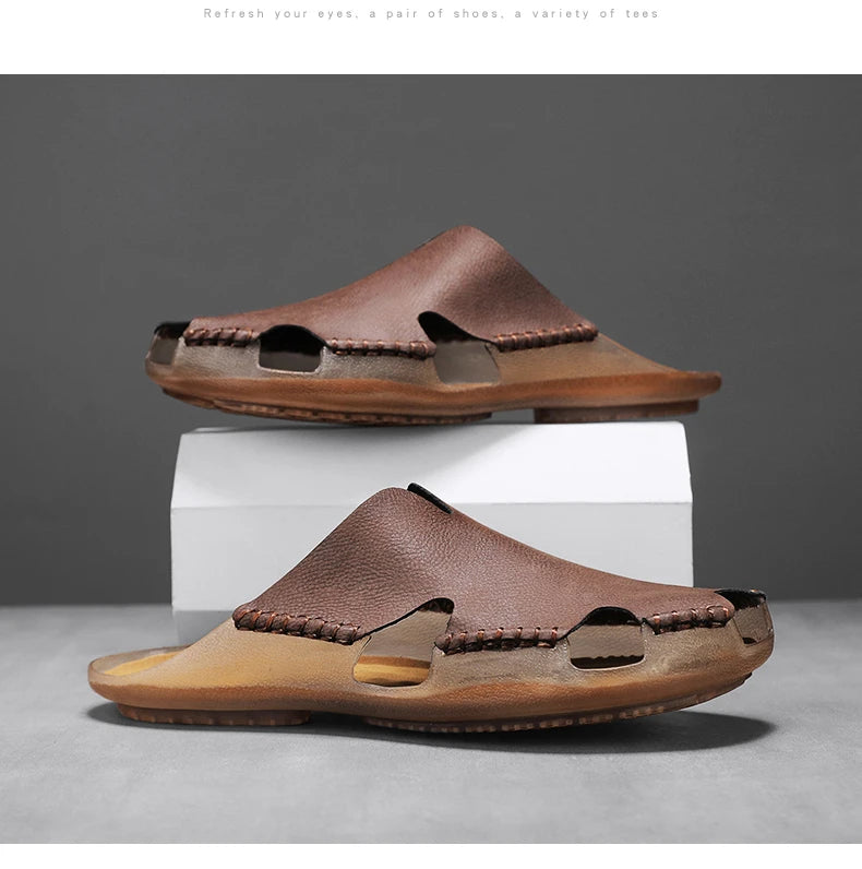 Large Men's Summer Leather Sandals Slippers Soft Sandals Men's Roman Comfortable Outdoor Walking Shoes 38-48