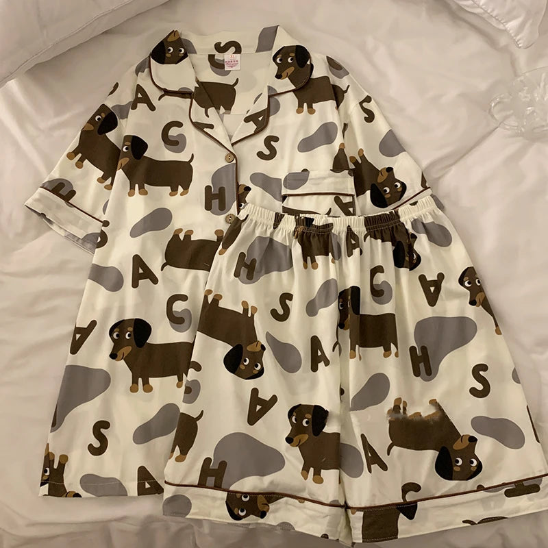 Spring Summer 2024 Cute Women's Pajamas Set Dachshund Print Cotton Two Pieces Short Sleeve Tops Full Length Pants Sleepwear 3991