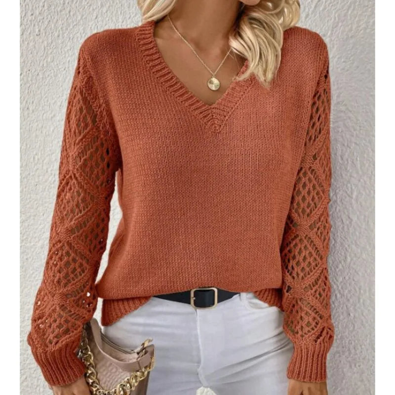 Autumn And Winter Fashion V-neck Pullover Sweater Elegant Women's Casual Hollow Long Sleeve Knitted Solid Color Loose Sweater