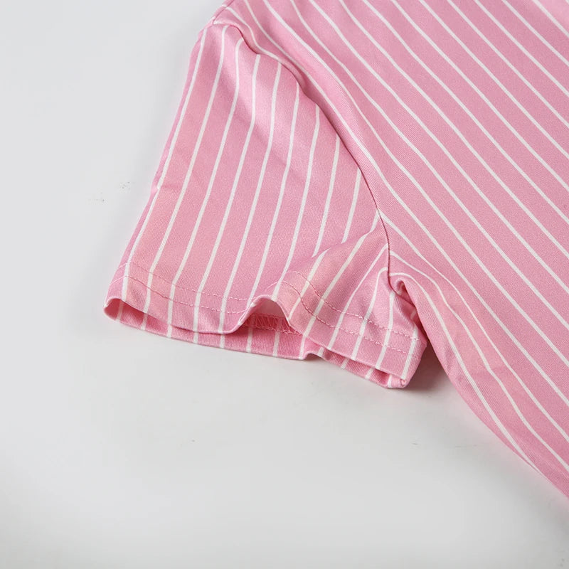 Sweetown Blue Stripe Short Sleeve Shirts For Women Button Up Turn Down Collar Slim Simple Casual Preppy Tops Basic Summer Tees