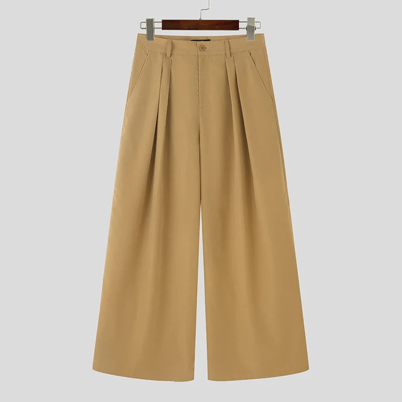 INCERUN Men Wide Leg Pants Solid Color Button Joggers Loose Pleated Casual Trousers Men Streetwear 2024 Fashion Long Pants S-5XL