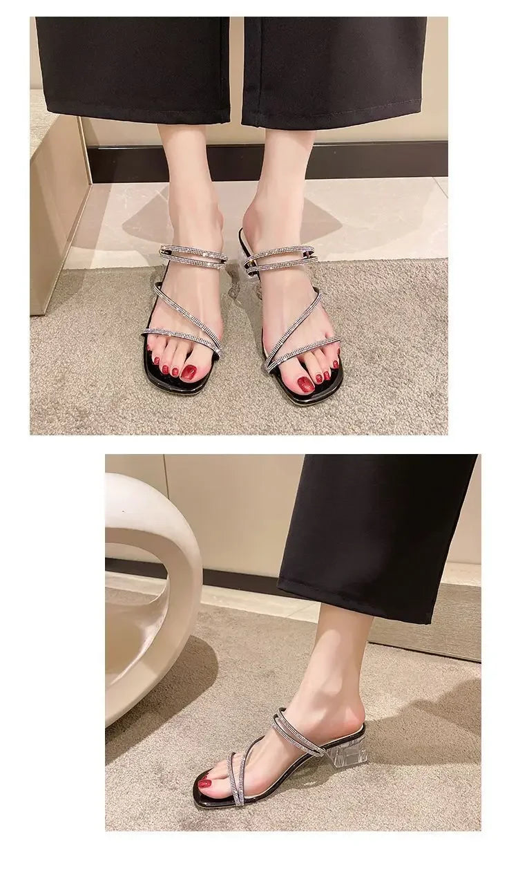 Two-wear 2025 New Style Women's Sandals Rhinestone Embellished Fashion Outerwear High Heel Net Weight Casual Shoes