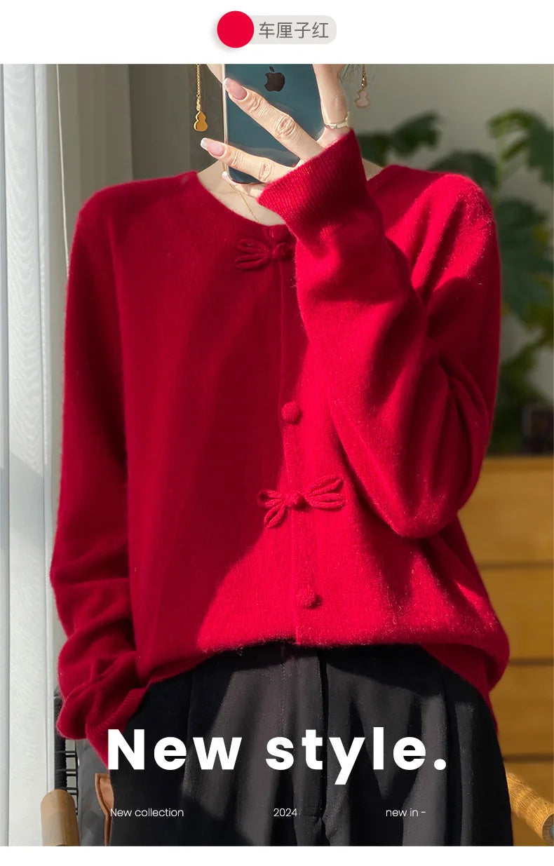 Women New Fashion Autumn Winter 100% Merino Wool Sweater O-neck Chinese Style Buckle Cardigan Soft Knitwear Female Clothing Tops