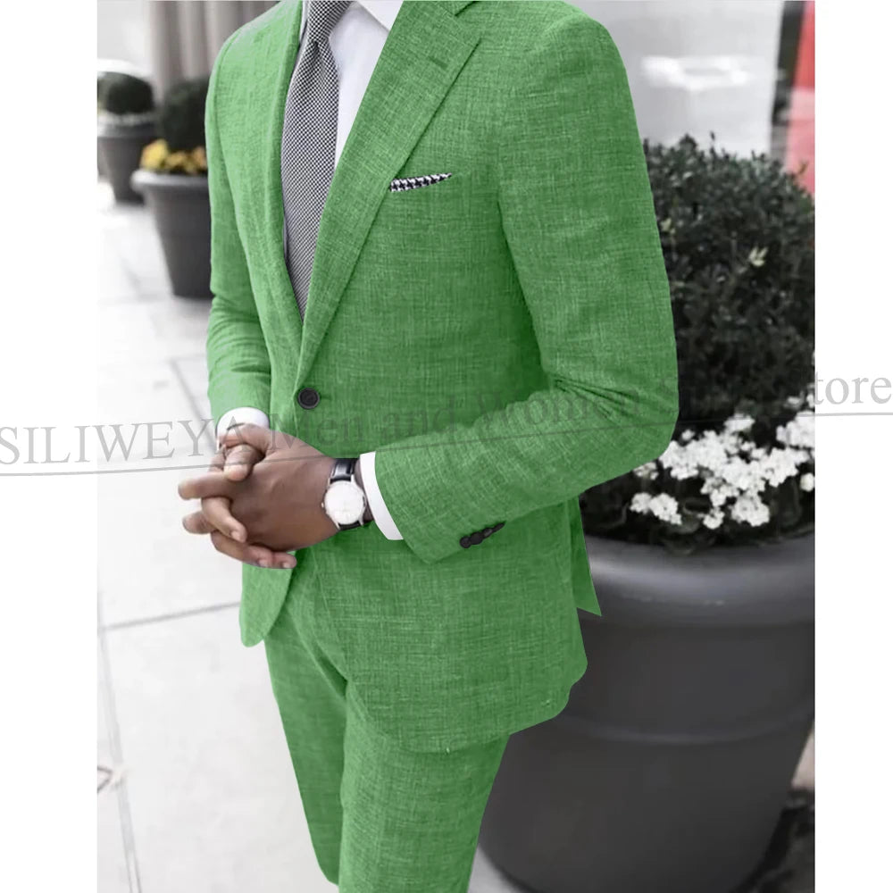 2025 Dark Gray Linen Men's Suit Bridegroom Tuxedo Tailor-Made Wedding Custom Single Breasted Male Blazer 2 pcs(Jacket+pants)