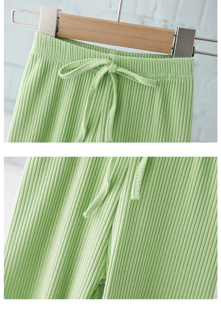 Summer Girls T-Shirt Set Short Sleeve Lapel Pullover Tops Elastic Waist Straight Pants Girl Casual Clothes 2Pcs Suits